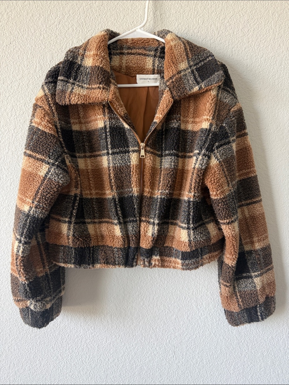 Goodnight Macaroon Plaid Teddy Zip Jacket - Tan & Black